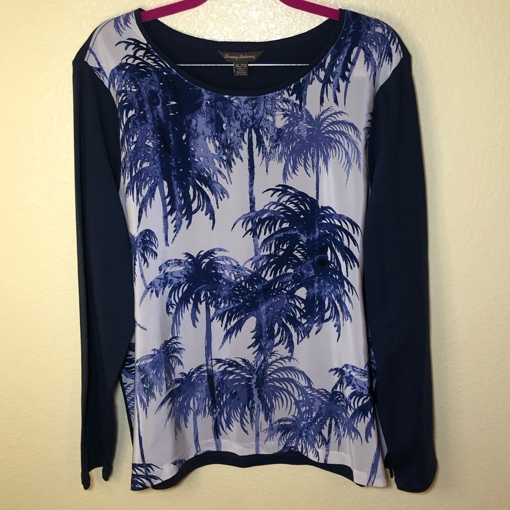 Tommy bahama Long sleeve White Blue Palm tree Print Blouse size XL - Picture 2 of 7